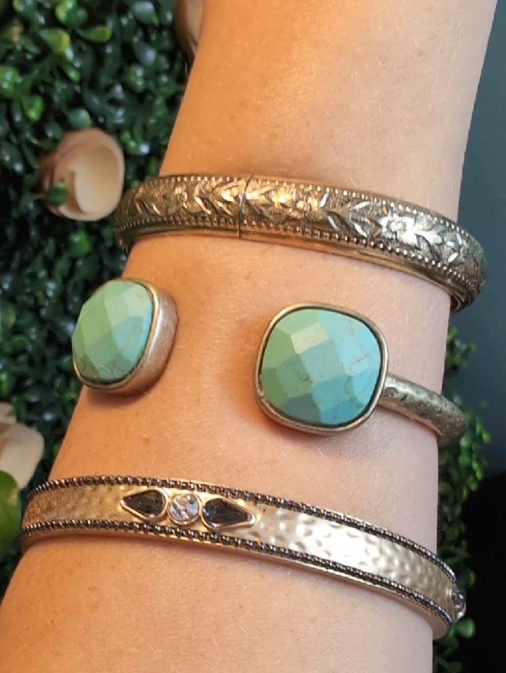 Floral, Hammered & Turquoise Brushed Gold Bracelet Trio
